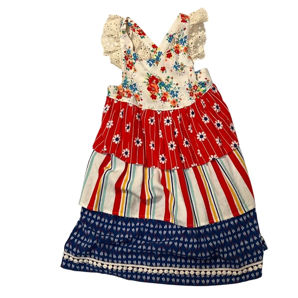 Wildflowers Girls Tiered Ruffle Dress Floral Stripe Dragonfly Size 6 *read